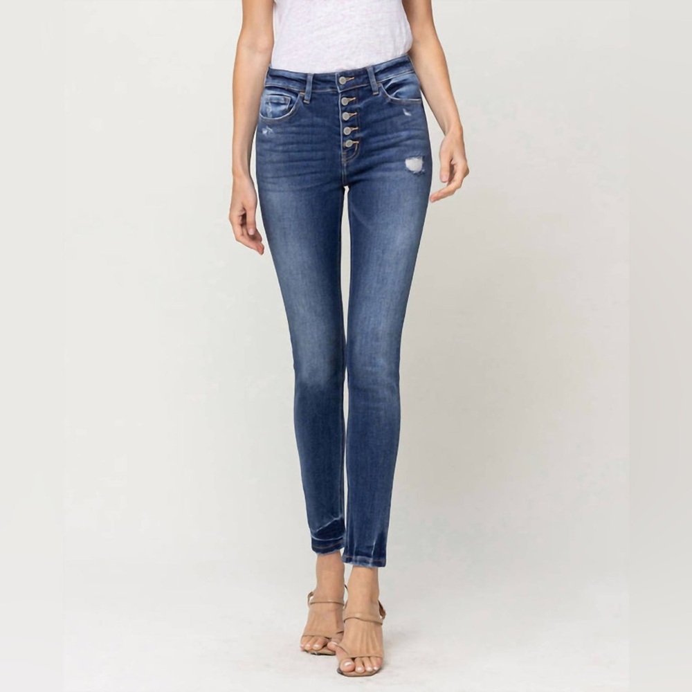 Flying Monkey. High Rise Buttonfly Skinny Jean. Distressed. Size 27.